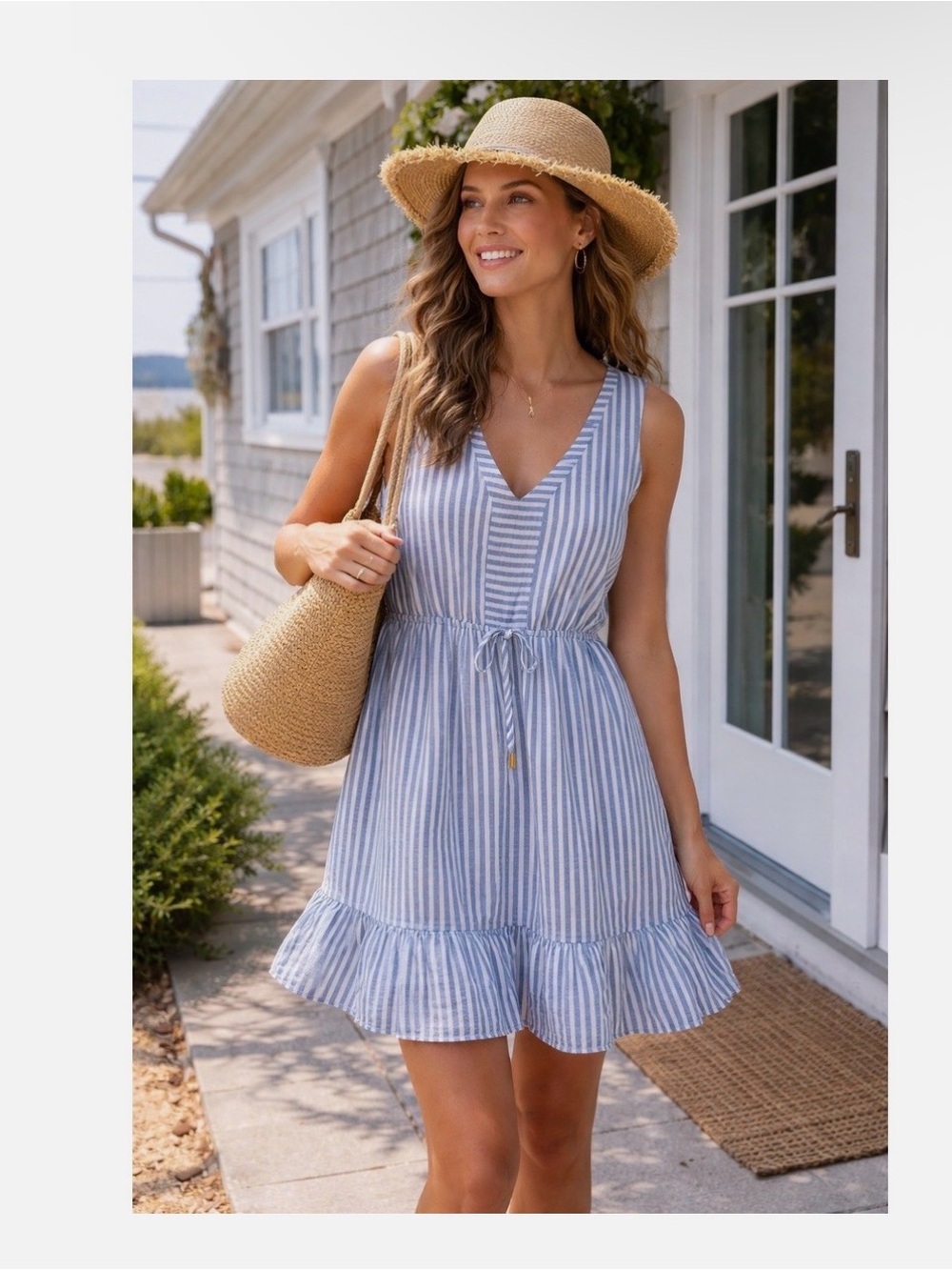 Draper James Blue Striped linen cotton V-Neck Summer Dress costal Sz m